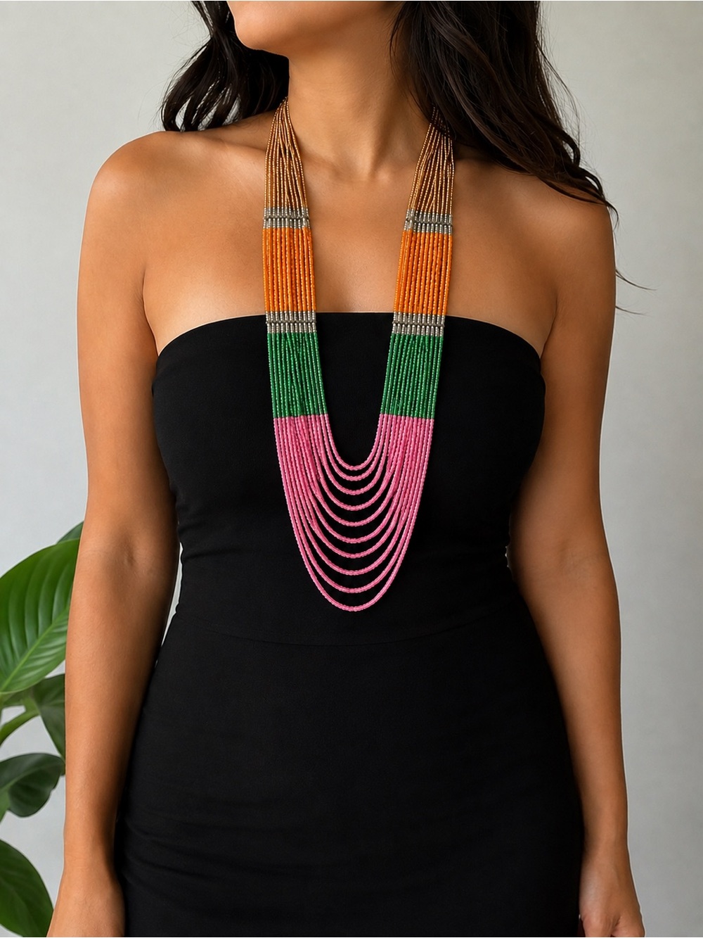Decree Multistrand Beaded Necklace in Pink, Green & Orange